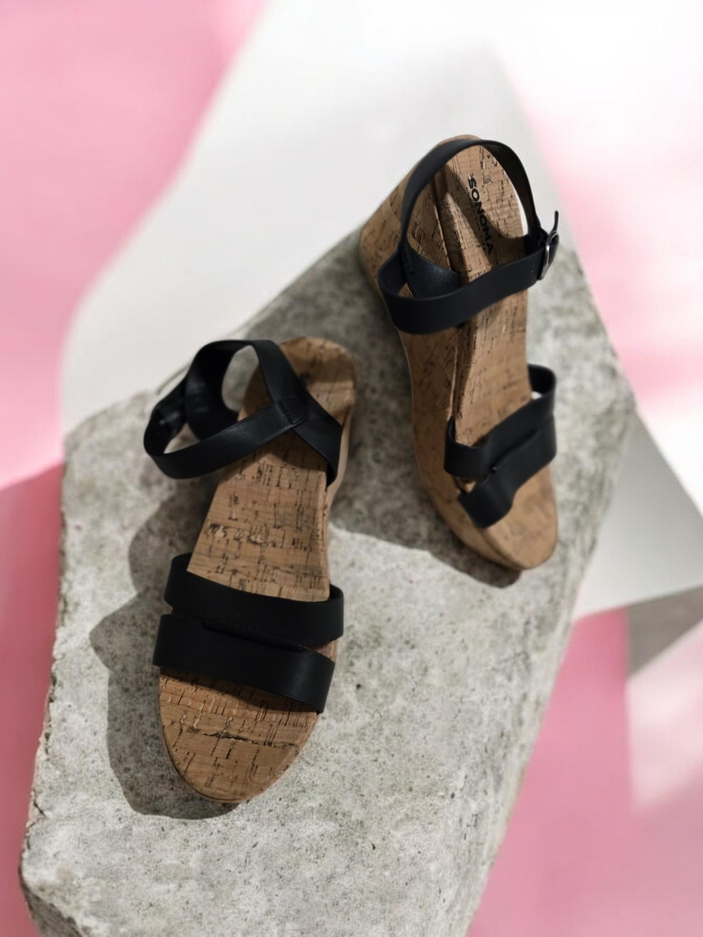 Women's Black Cork Wedge Sandals By Sonoma Size 7 1 /2 EUC